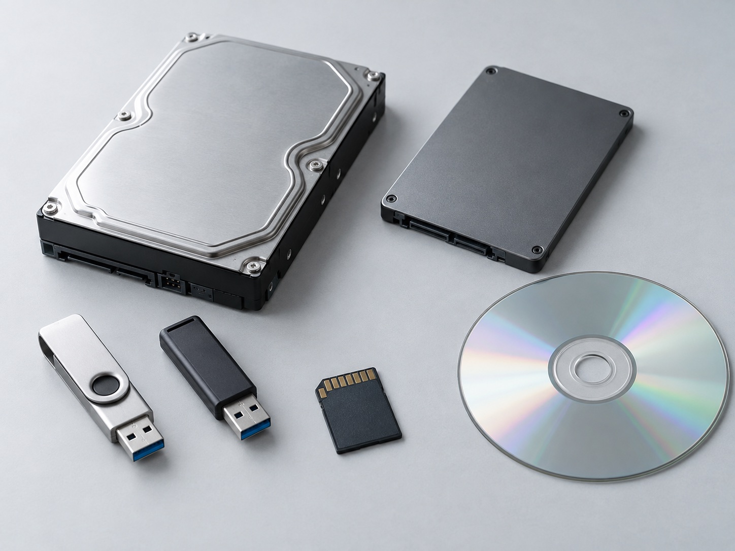 Hard drive, SSD, USB flash drives, memory card, CD and floppy disk