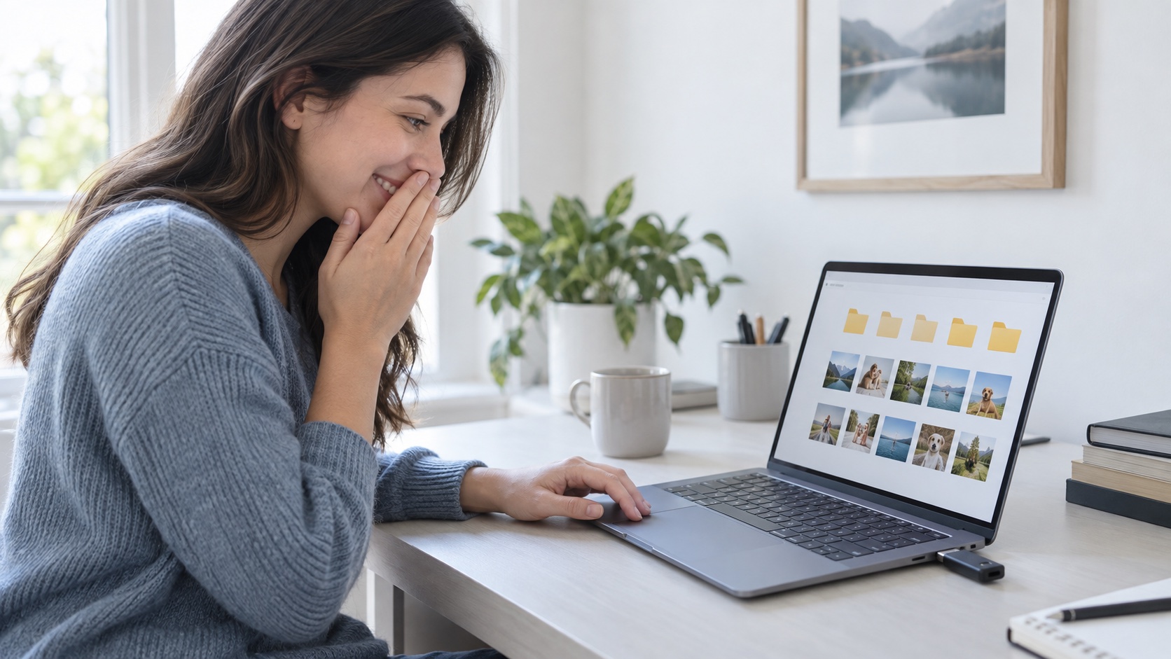 A woman sees her recovered folders and photos on a laptop with a USB flash drive connected
